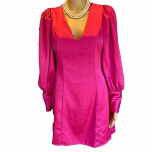 Boohoo V Neck Balloon Sleeve Satin Pink Mini Dress Women Size 4/XS